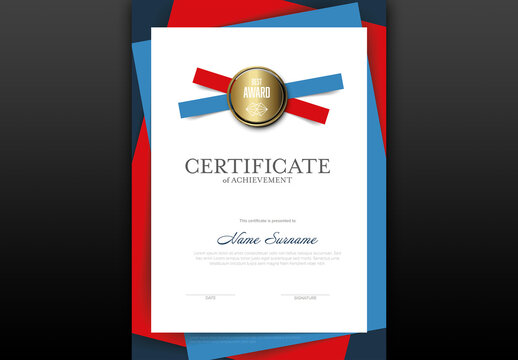 Modern vertical certificate template with blue and red papers