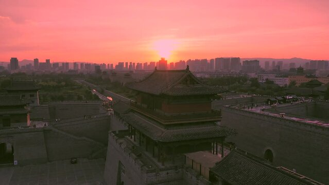 Aerial photography of the night view of the ancient city of Datong, Shanxi Province, China,