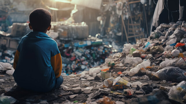 Back of sad child boy sit looking at a lot of plastic wastes.