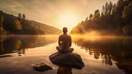 A serene outdoor scene of an individual meditating by a tranquil lake during sunrise, portraying the peace and healing nature can provide to one's mental state