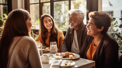 A multi-generational family laughing together during a weekend brunch, sun streaming through the windows highlighting the natural emotions, capturing the essence of familial bonds