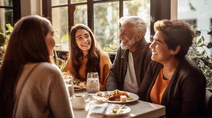 Foto op Plexiglas A multi-generational family laughing together during a weekend brunch, sun streaming through the windows highlighting the natural emotions, capturing the essence of familial bonds © GustavsMD
