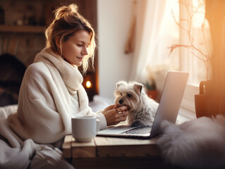 A woman in a cozy home setting, sipping coffee while working on her laptop, her dog lounging beside her. The scene encapsulates the comfort of home as a workspace