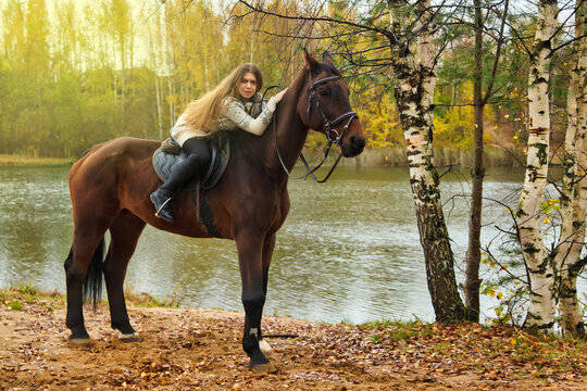 Full length of adult woman on horseback riding in autumn forest by lake, looking at camera. Lovely rider lady on her horse in park outdoors. Concept of out sports and recreation. Copy ad text space