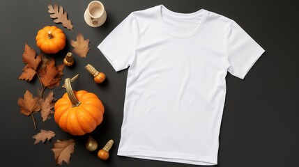 Spooky Season Mockup: Top-View White Men's T-Shirt with Halloween Decor and Pumpkins on Dark Background