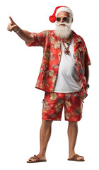 tropical party beach vibe Santa Claus with sunglasses in Hawaii summer outfit pointing finger on transparent background -  Christmas theme - obrazy, fototapety, plakaty