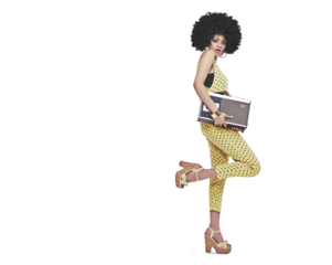 Portrait, retro fashion or woman with radio in cool outfit in casual style isolated on png transparent background. Biracial, disco music or afro girl with confidence, vintage or 70s funky clothes