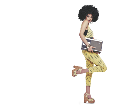 Portrait, retro fashion or woman with radio in cool outfit in casual style isolated on png transparent background. Biracial, disco music or afro girl with confidence, vintage or 70s funky clothes