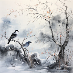 snow, trees sprouting, grass sprouting, traditional Chinese ink painting, field, bird, telephoto angle, Chinese painting style