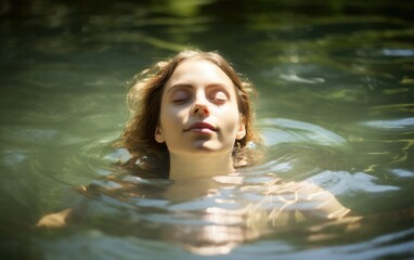 Fototapeta premium Baptism. Portrait of young woman with closed eyes in the water. Body fully immersed.