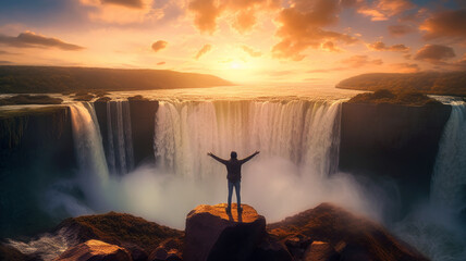 a man tourist is standing with both hands raised Niagara Falls. - obrazy, fototapety, plakaty