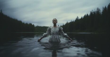 Baptism. Beautiful young woman in white dress, half body in water in the forest - obrazy, fototapety, plakaty