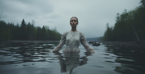 Baptism. Beautiful young woman in white dress, half body in water in the forest - obrazy, fototapety, plakaty