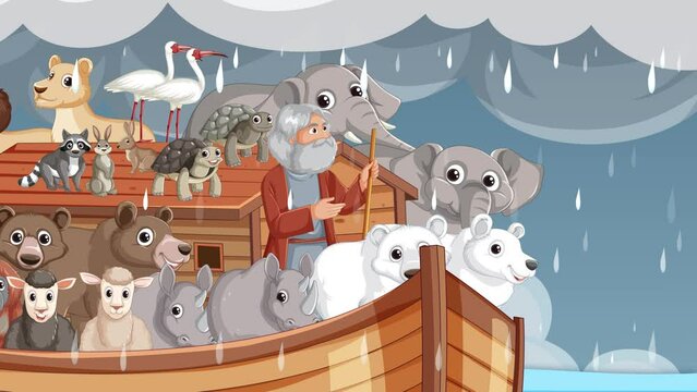 Boat sailing on flooded water and storm, rain not stop. Noah and animals on the boat. Animation scene from Noah Ark&rsquo;s bible religion story.