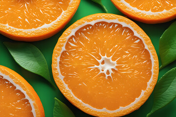 Fresh tangerine fruit on green background with orange leaves. Bright colors. Macro view. Sharp details.