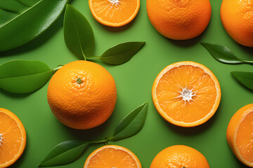 Fresh tangerine fruit on green background with orange leaves. Bright colors. Macro view. Sharp details.