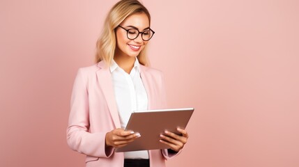 Professional Young Female Illustrator with Digital Tablet on Blush Pink Background