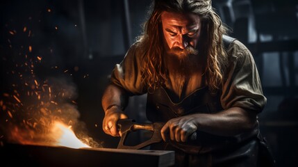 Skilled Male Blacksmith in Apron with Hammer and Anvil on Steel Grey Background