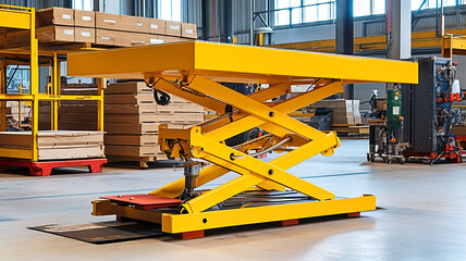 A small and a medium sized hydraulic lift table being used in a warehouse.