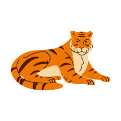 Endangered wild animal. India, Bengal, Siberian tiger lying, big cat rest, striped predator relax. Tropical hunter, dangerous jungle habitant. Flat isolated vector illustration on white background