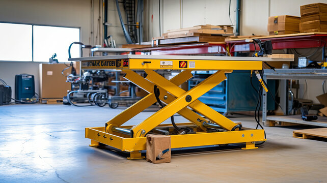A small and a medium sized hydraulic lift table being used in a warehouse.