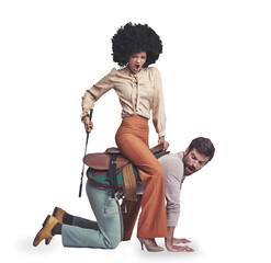 Cowboy, empowerment and woman riding a man isolated on a transparent background for 70s style....