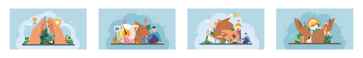 Wellbeing metaphor. Vector illustration. Support insurance, protective shield for every employee Employee wellbeing, lifeblood of energized workplace Humcare, bonding glue in professional environment