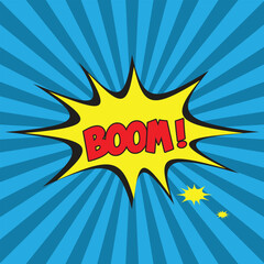 Comic speech bubble. Funny comics explosion vector. Sunburst background with fun text. Boom funny text on red background with black dots. Comic book element. Comic word boom. Comic book art background