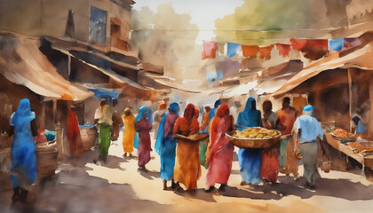 Fototapeta na wymiar Indian market painted with watercolours
