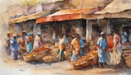 Indian market painted with watercolours