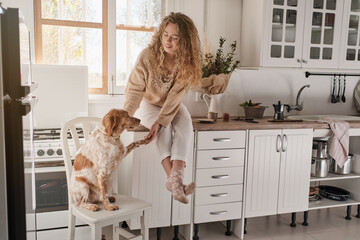 Happy lady caressing Spaniel in light kitchen