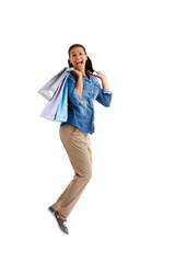 Excited woman, jump and shopping bags in deal, sale or discount isolated on a transparent PNG...
