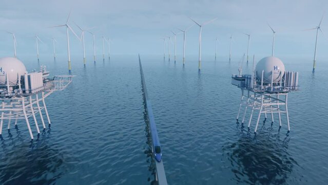Future. A high-speed maglev train raced along wind farms and hydrogen factories. 3d rendering.