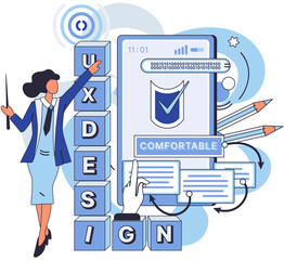 User experience design. Vector illustration. Designing software, art form where user interface takes center stage User interface, touchpoint between software and its user UX UI design, harmonious
