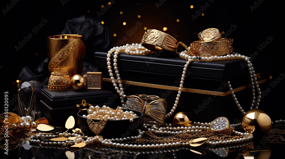 Wall mural Various gold jewellery and gifts on black background