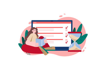 Red concept Time management with people scene in the flat cartoon style. Girl took time to rest and read a book.  illustration.