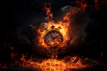 Deadline concept of an alarm clock on fire showing the urgency to wake up about the end of time coming and the end of an era's final countdown, Generative AI stock illustration image - obrazy, fototapety, plakaty