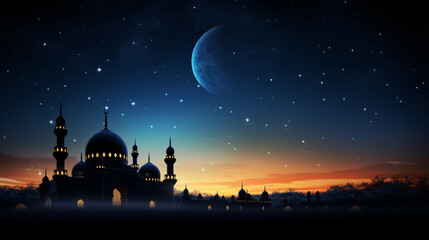 Ramadan Symbolism  Mosques Dome, Crescent Moon on Dark Blue Twilight Sky and Islamic Celebratory Phrases in Arabic