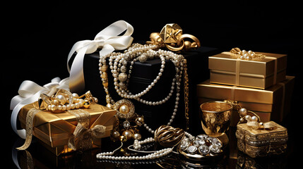 Various gold jewellery and gifts on black background