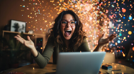 Excited young woman using laptop at home in the living room.