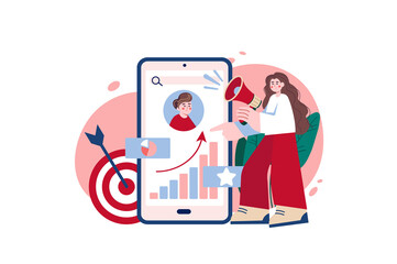 Marketing red concept with people scene in the flat cartoon design. Marketer gives instructions on advertising and promotion of customers' goods.  illustration.