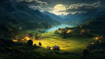 Hoang Su Phi terraced yellow and green rice fields at night.