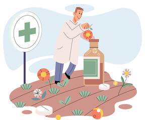 Herbal medicine and homeopathy healthcare and health treatment. Scientist growing medicinal plants picking leaves in garden bed. Using healing power of flowers and herbs. Organic cure and aromatherapy