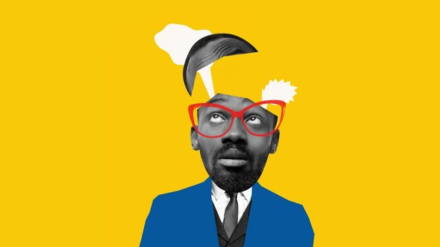 Stop motion, animation. Brain wash. Young man in image of zombie with speech bubbles in his head isolated over abstract background. Mind control. Concept of fake news, propaganda, AI.