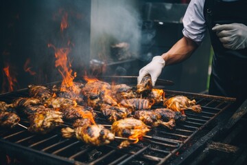 Person is preparing chickens on barbecue grill - obrazy, fototapety, plakaty