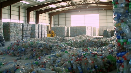 Photo of plastic bottle waste recycling center. - obrazy, fototapety, plakaty