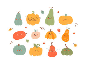 Cartoon fall set with various cute smiling pumpkin characters. Vector illustration isolated on a white background.