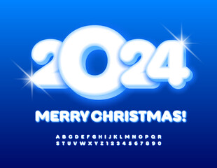 Vector glowing greeting card Merry Christmas 2024! White light Font. Illuminated Alphabet Letters and Numbers set