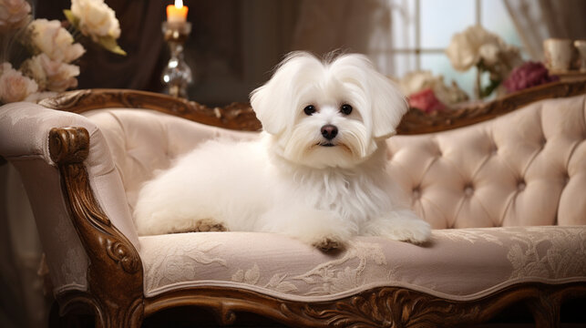 A Coton de Tulear lounging on a plush velvet couch, showcasing its elegant and regal demeanor