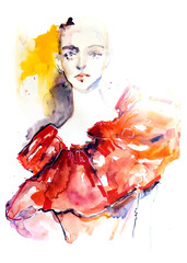 Woman in red gown. Fashion illustration. Hand painted watercolor portrait.  - 650125018